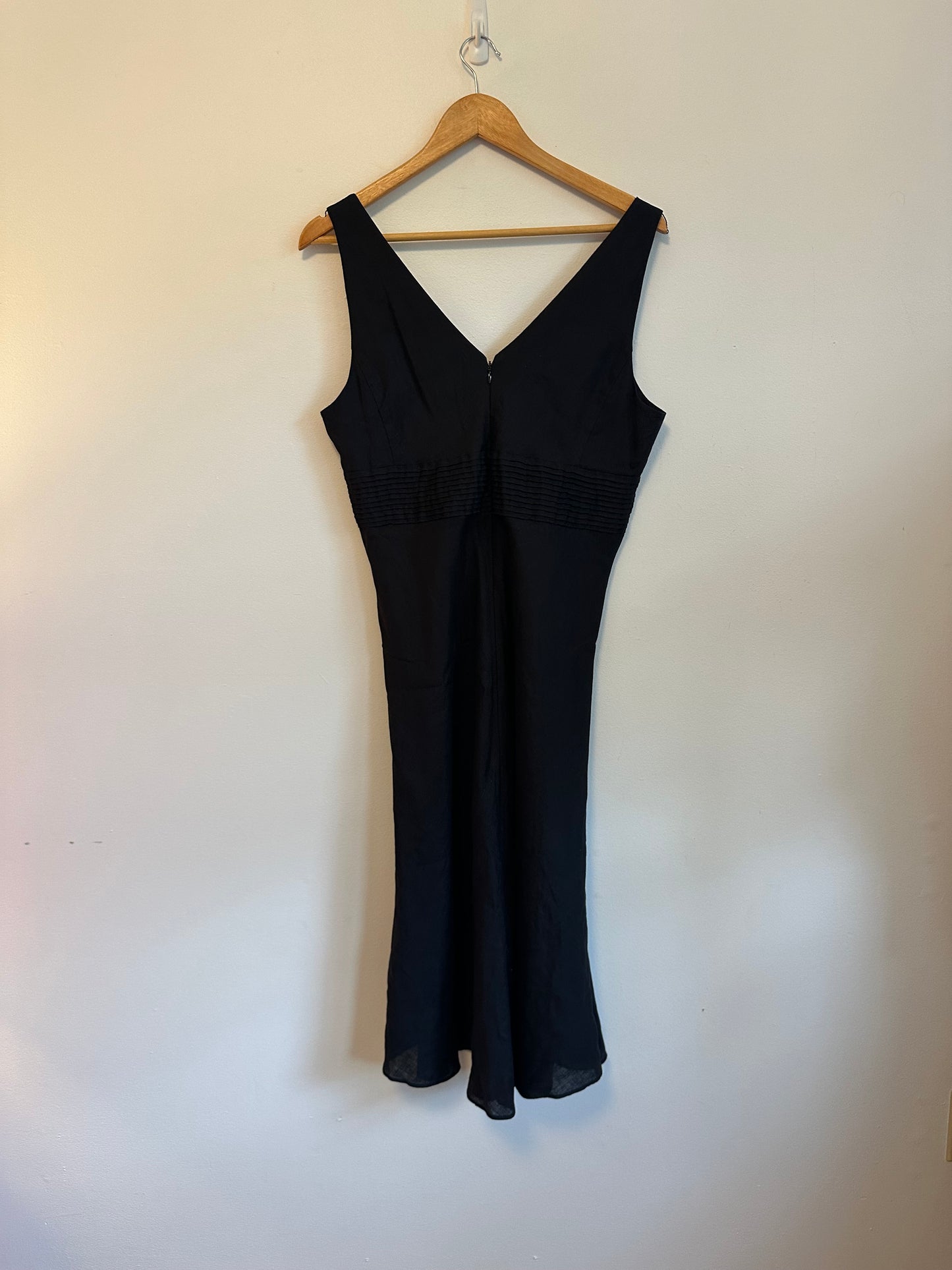 J. Crew Black Linen V-Neck Pintuck Empire Waist Dress | Size 12