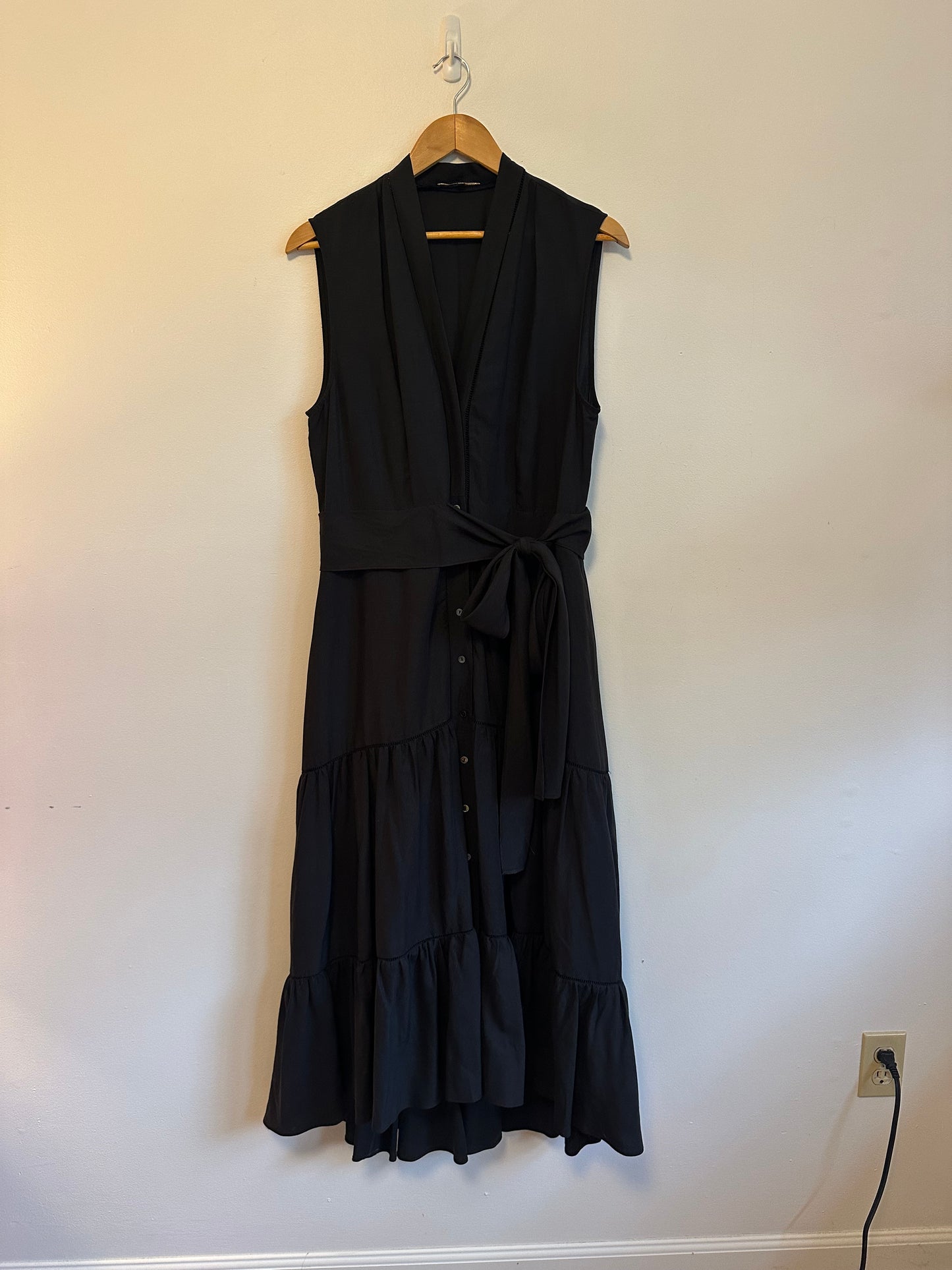 KOBI HALPERIN Anna Sleeveless Tiered Dress Black Tencel and Linen Dress | Size Large
