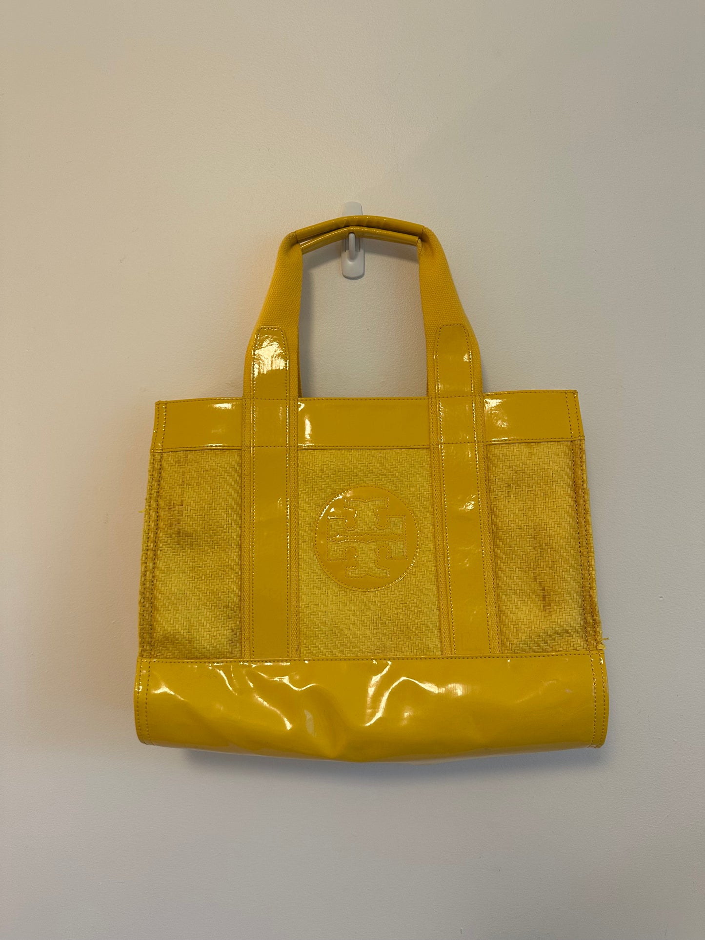 Tory Burch Ella Yellow Patent Leather and Woven Straw Tote Bag