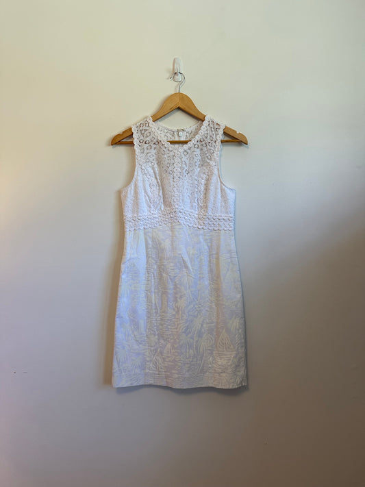 Lillly Pulitzer Leigh Stretch Lace Mixed Media Shirt Dress in White | Size 2