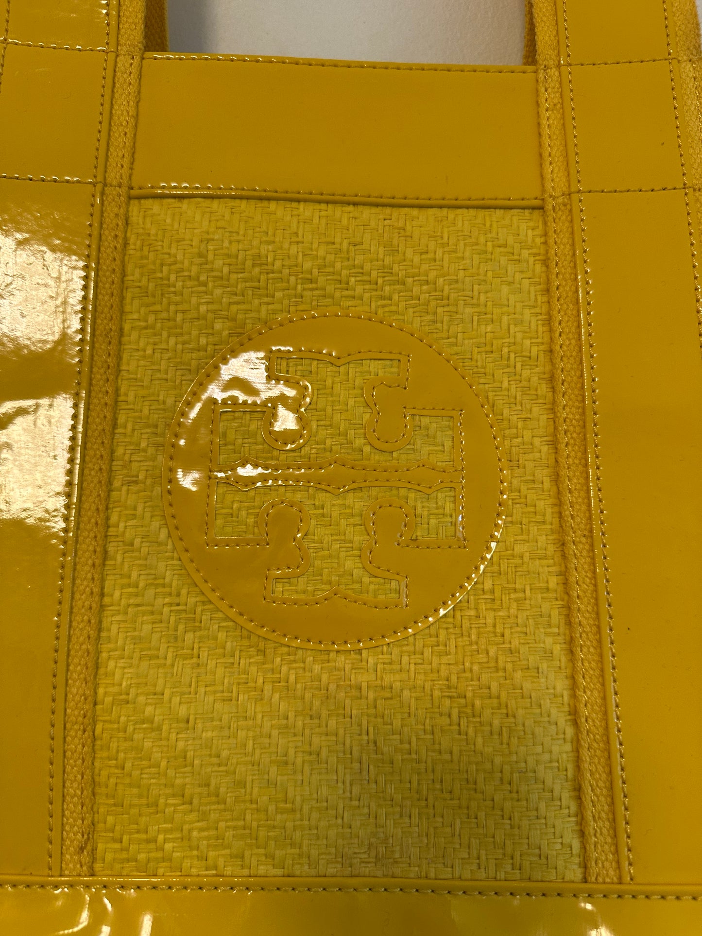 Tory Burch Ella Yellow Patent Leather and Woven Straw Tote Bag