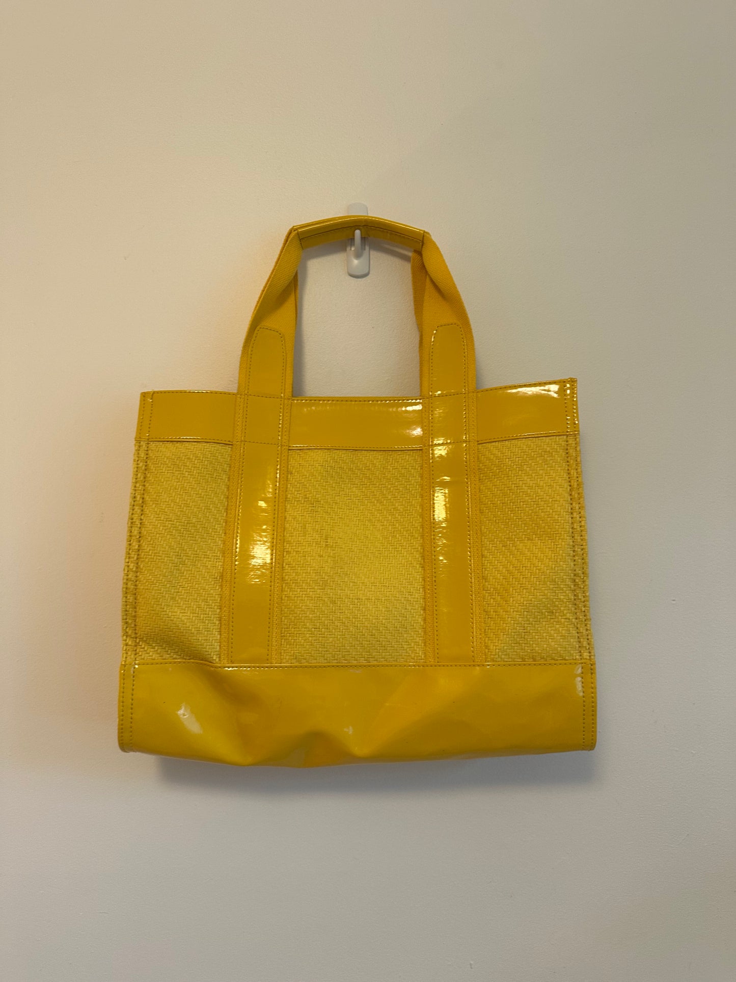 Tory Burch Ella Yellow Patent Leather and Woven Straw Tote Bag