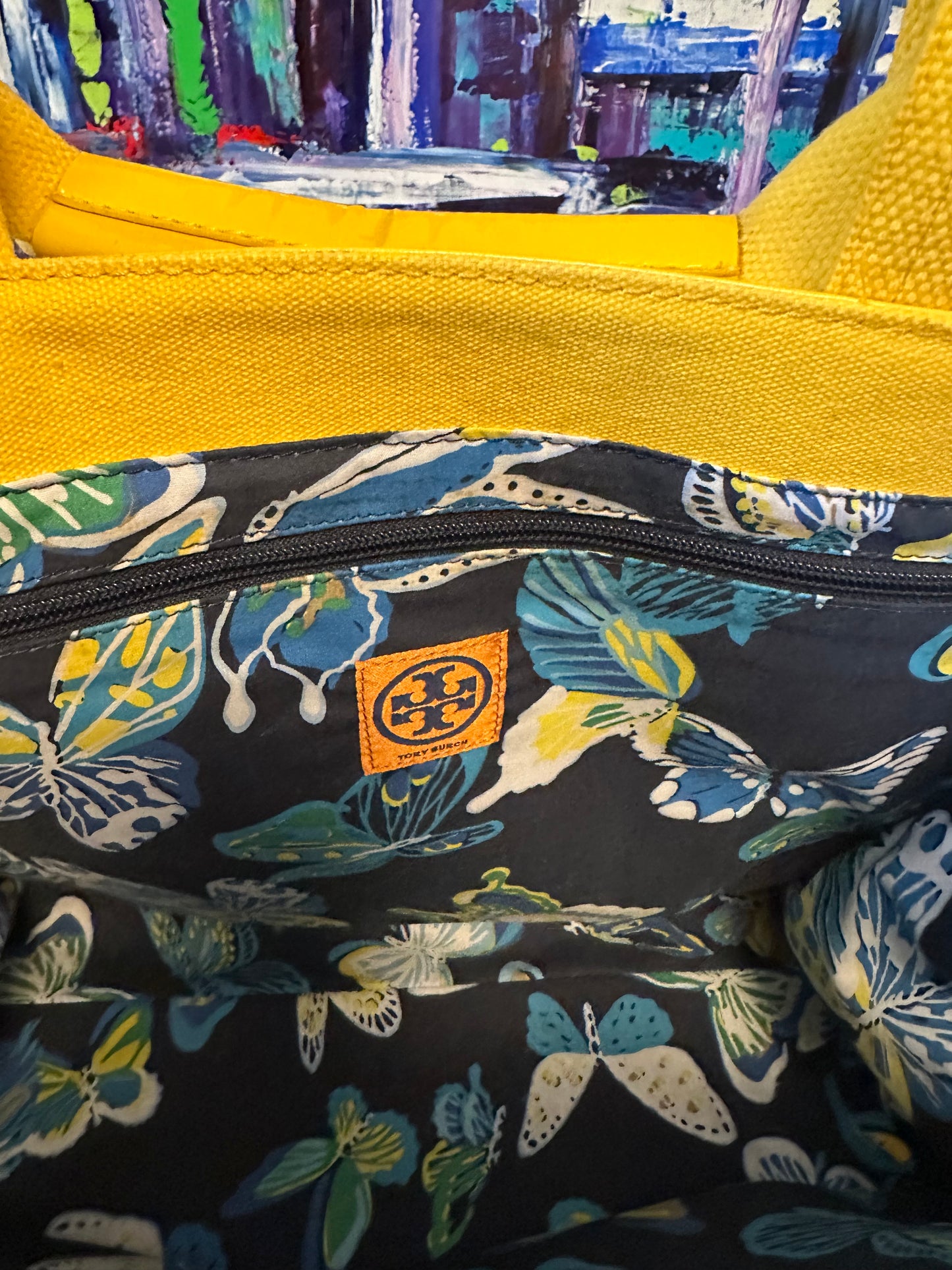 Tory Burch Ella Yellow Patent Leather and Woven Straw Tote Bag