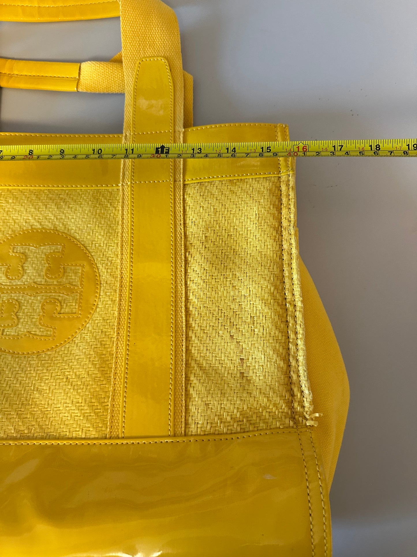 Tory Burch Ella Yellow Patent Leather and Woven Straw Tote Bag