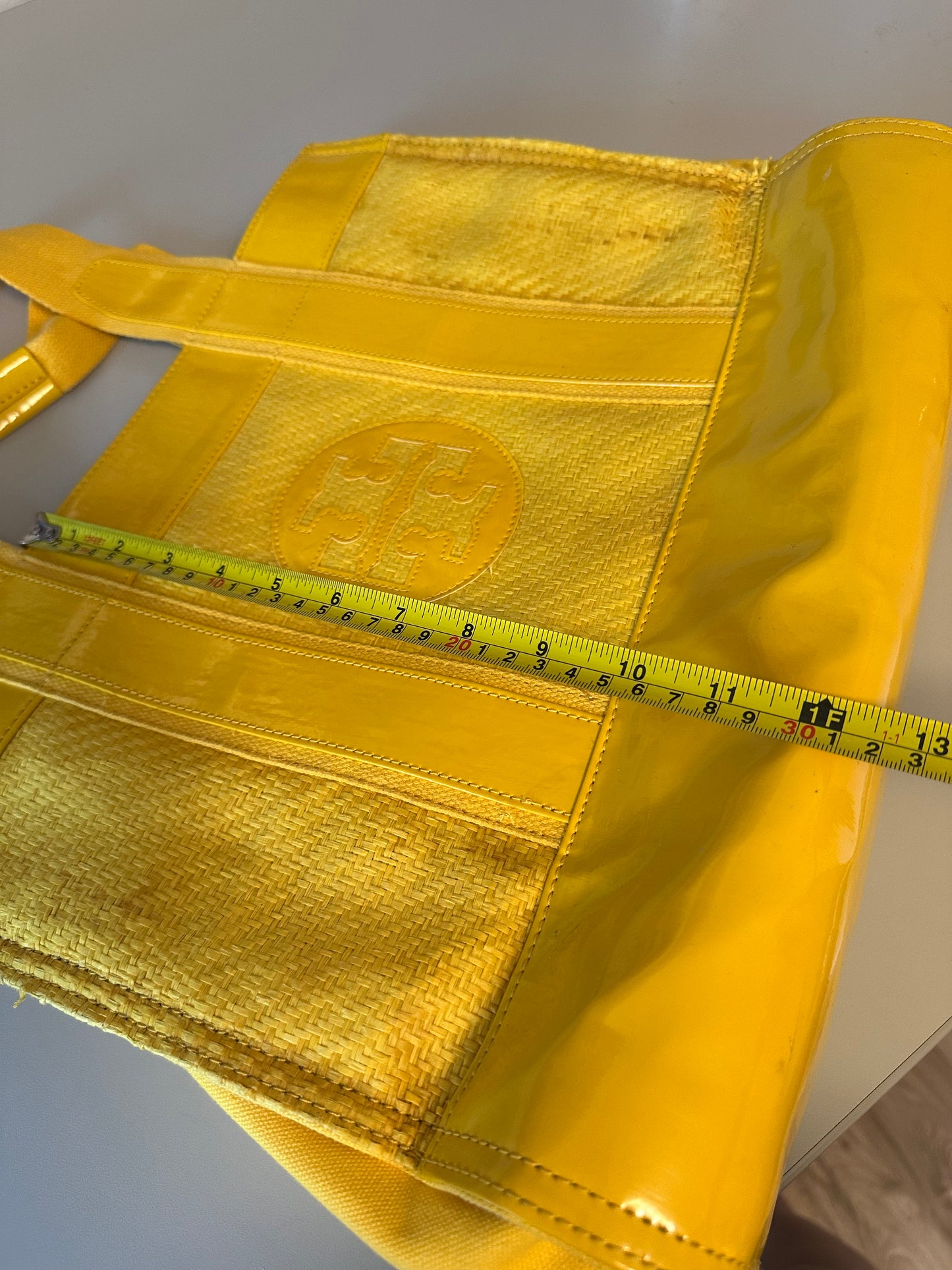 Tory Burch Ella Yellow Patent Leather and Woven Straw Tote Bag