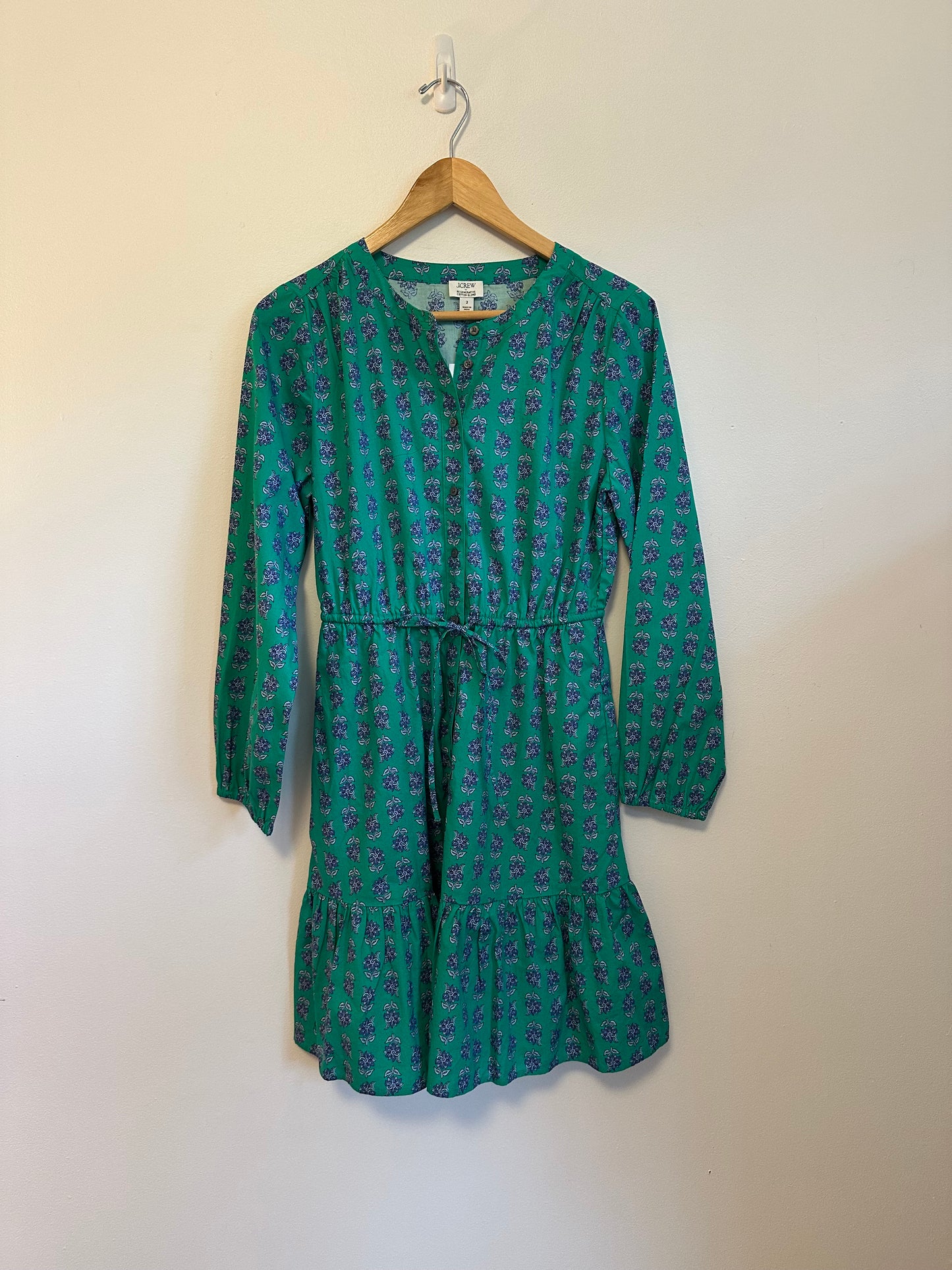 NWT J. Crew Green Floral Cotton Long Sleeve Mini Dress | Size 2
