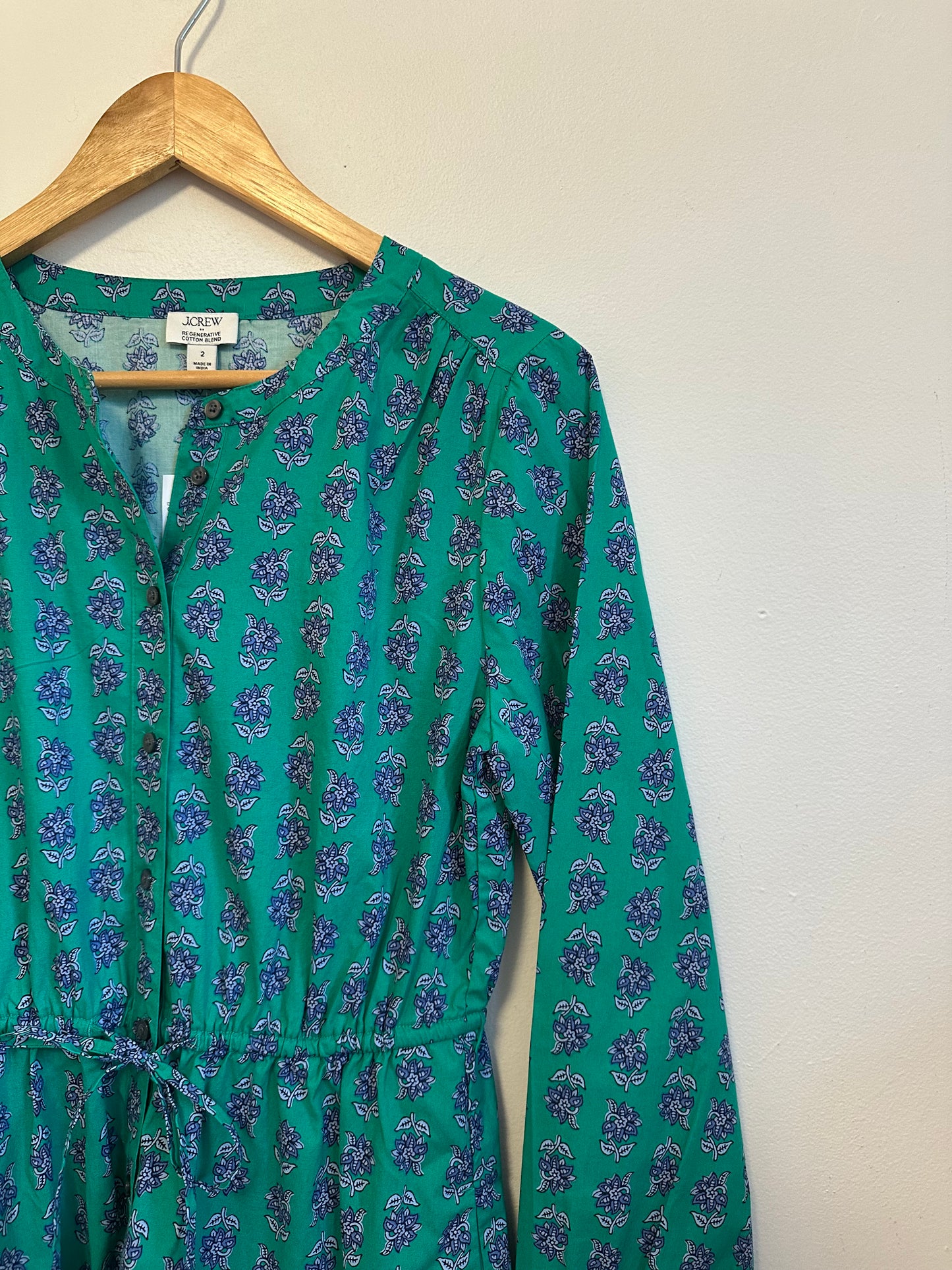 NWT J. Crew Green Floral Cotton Long Sleeve Mini Dress | Size 2