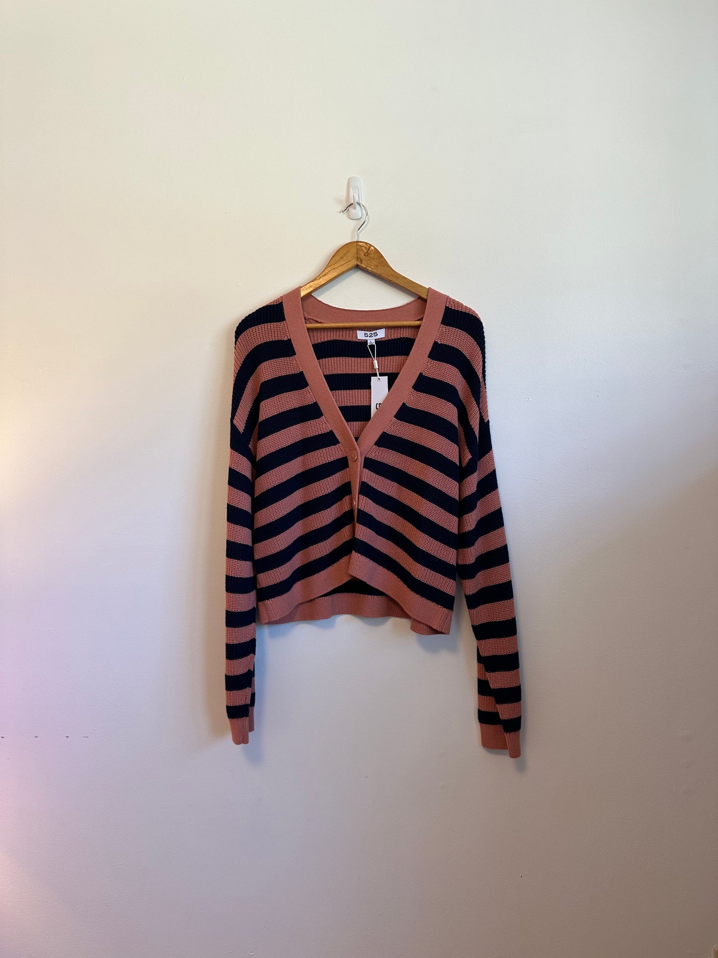 525 America NWT Charlie Striped Cropped Cardigan in Rose and Navy | Size Large