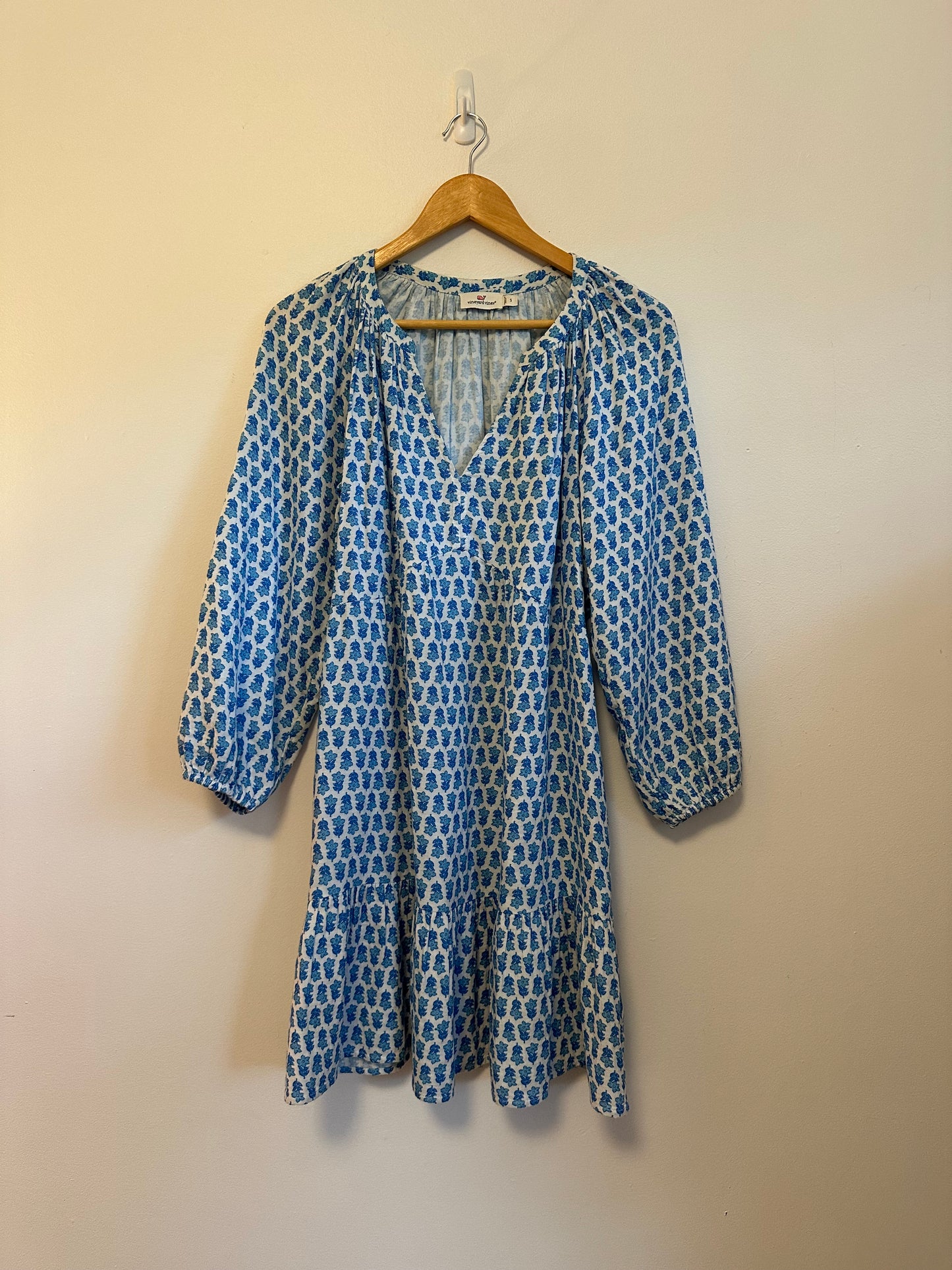 Vineyard Vines Blue Floral Block Print Cotton Tiered Mini Dress | Size Small
