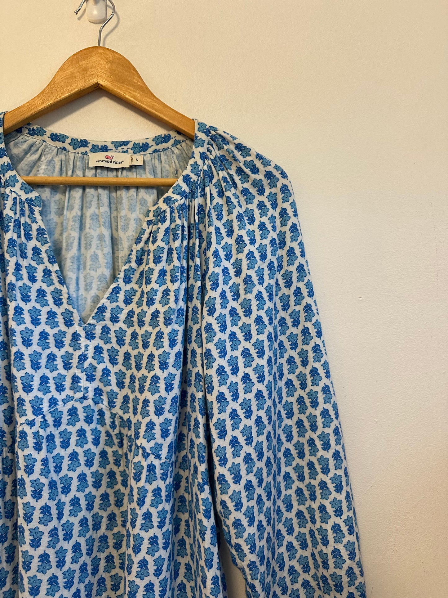 Vineyard Vines Blue Floral Block Print Cotton Tiered Mini Dress | Size Small