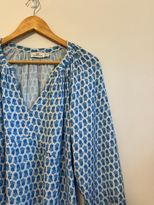 Vineyard Vines Blue Floral Block Print Cotton Tiered Mini Dress | Size Small