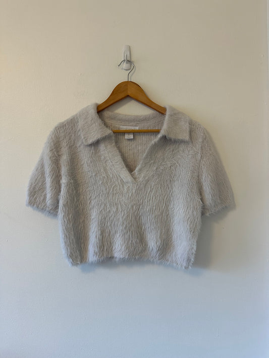 House of Harlow 1960 Fuzzy Pastel Blue Cropped Polo Sweater | Size Large