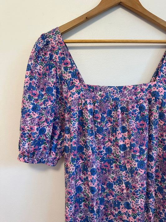 Vineyard Vines Blue and Pink Floral Seersucker Square Neck Dress | Size Small