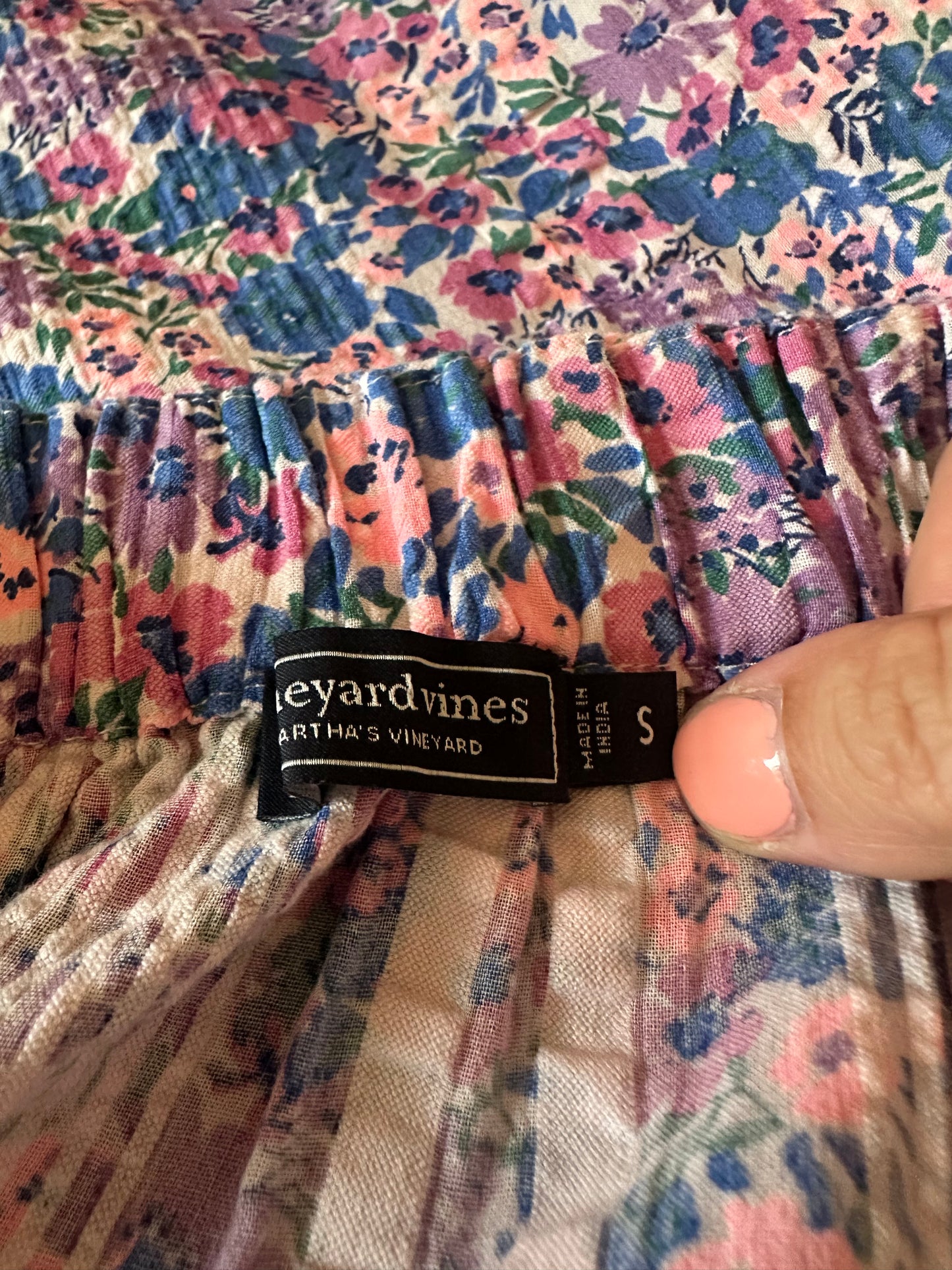 Vineyard Vines Blue and Pink Floral Seersucker Square Neck Dress | Size Small