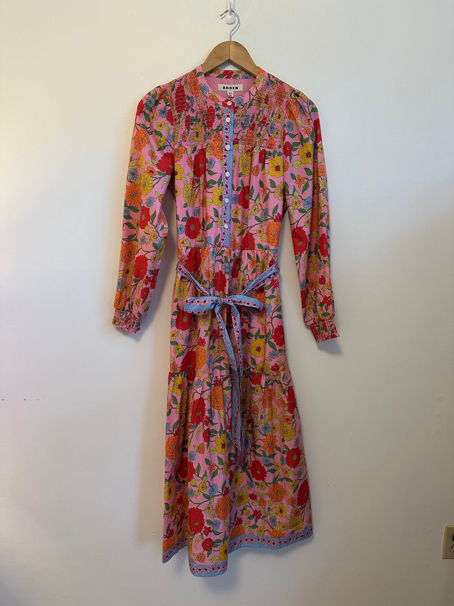 Boden Cecily Pink Cotton Smocked Long Sleeve Dress | Size 6