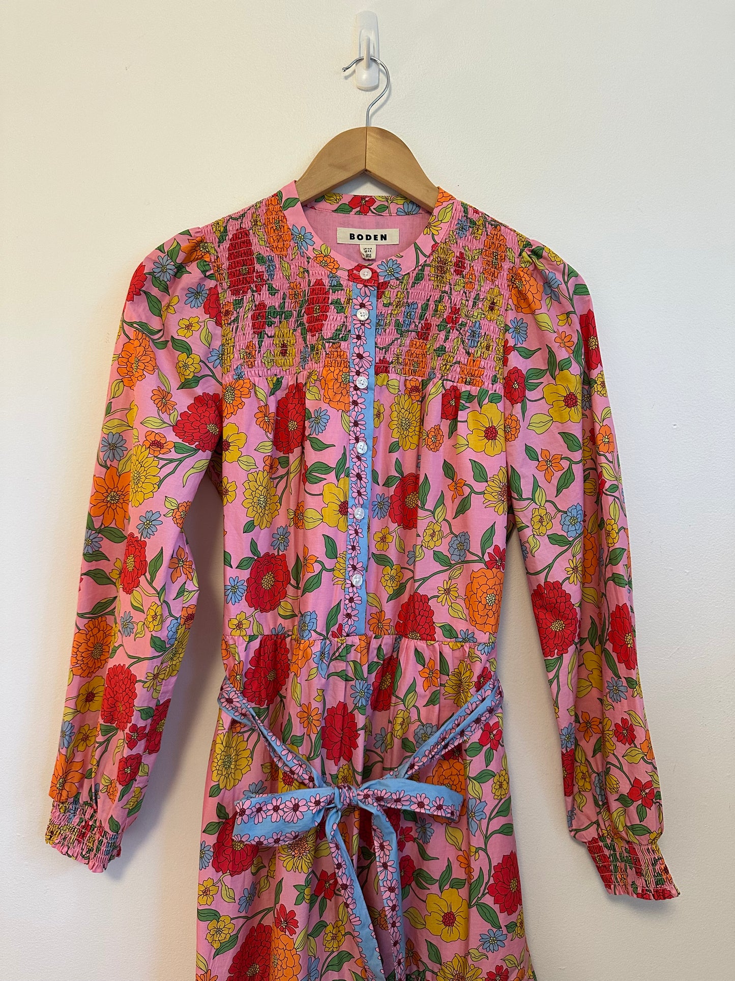 Boden Cecily Pink Cotton Smocked Long Sleeve Dress | Size 6