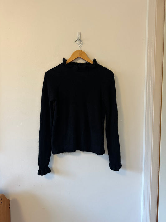 Margaret O'Leary 100% Cashmere Ruffle Neck Sweater in Black | Size Medium