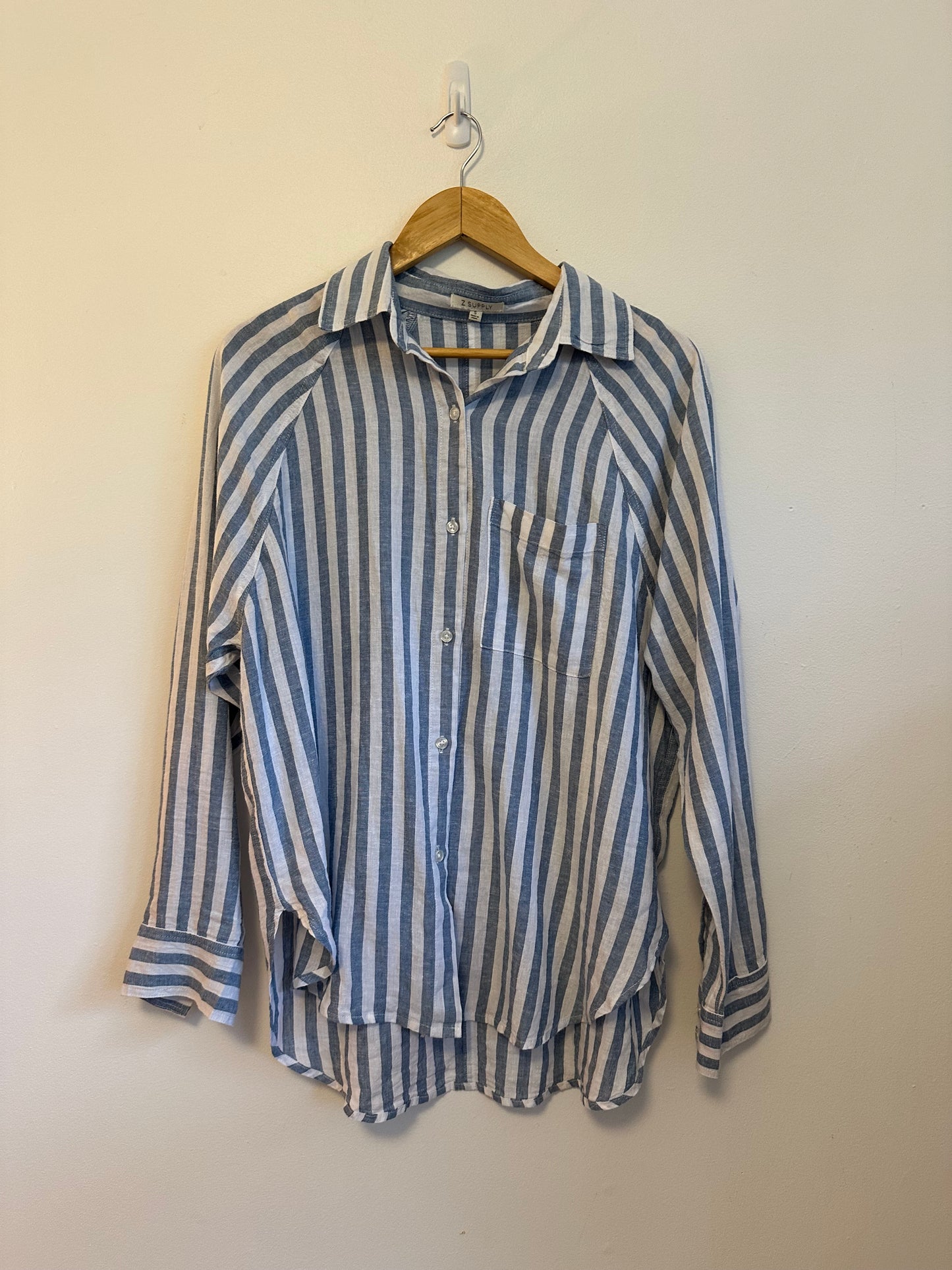 Z Supply Blue and White Striped Linen Blend Button Down Shirt | Size Small