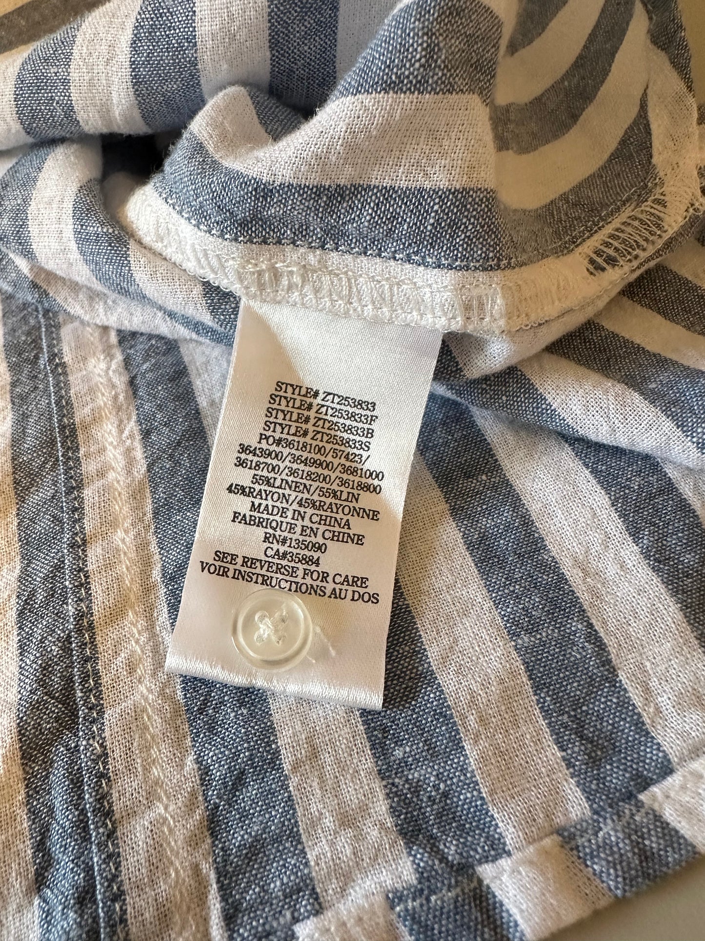 Z Supply Blue and White Striped Linen Blend Button Down Shirt | Size Small