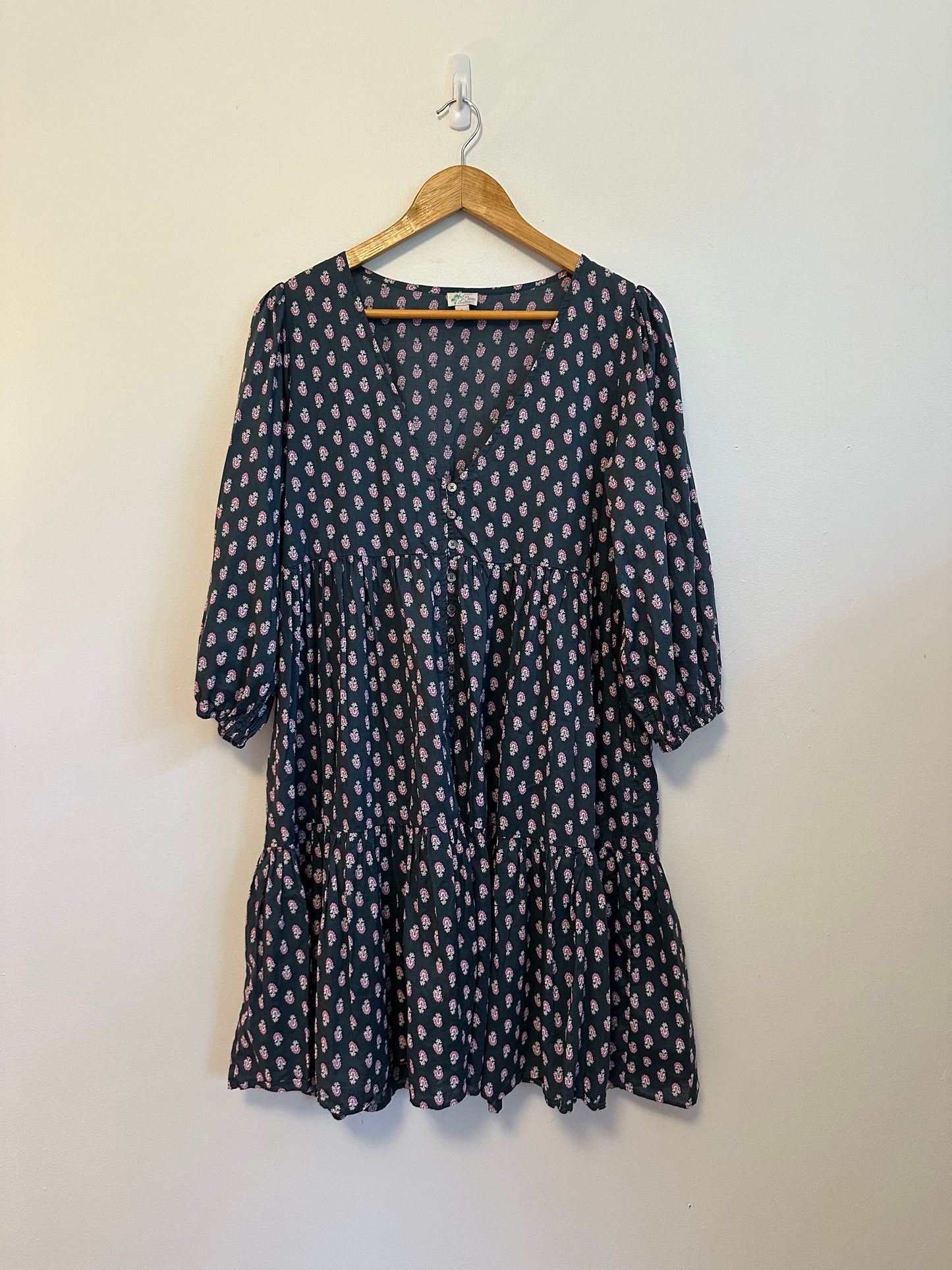J. Crew Navy and Pink Floral Cotton Tiered Babydoll Mini Dress | Size Small
