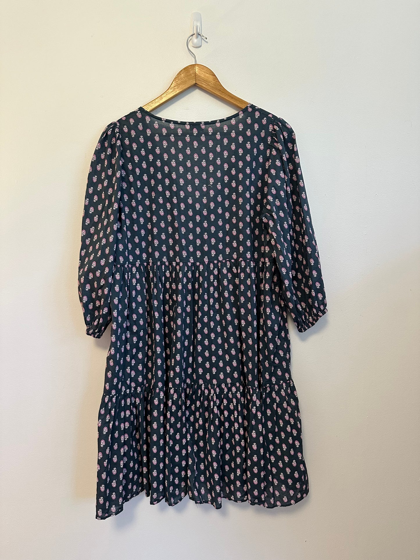 J. Crew Navy and Pink Floral Cotton Tiered Babydoll Mini Dress | Size Small