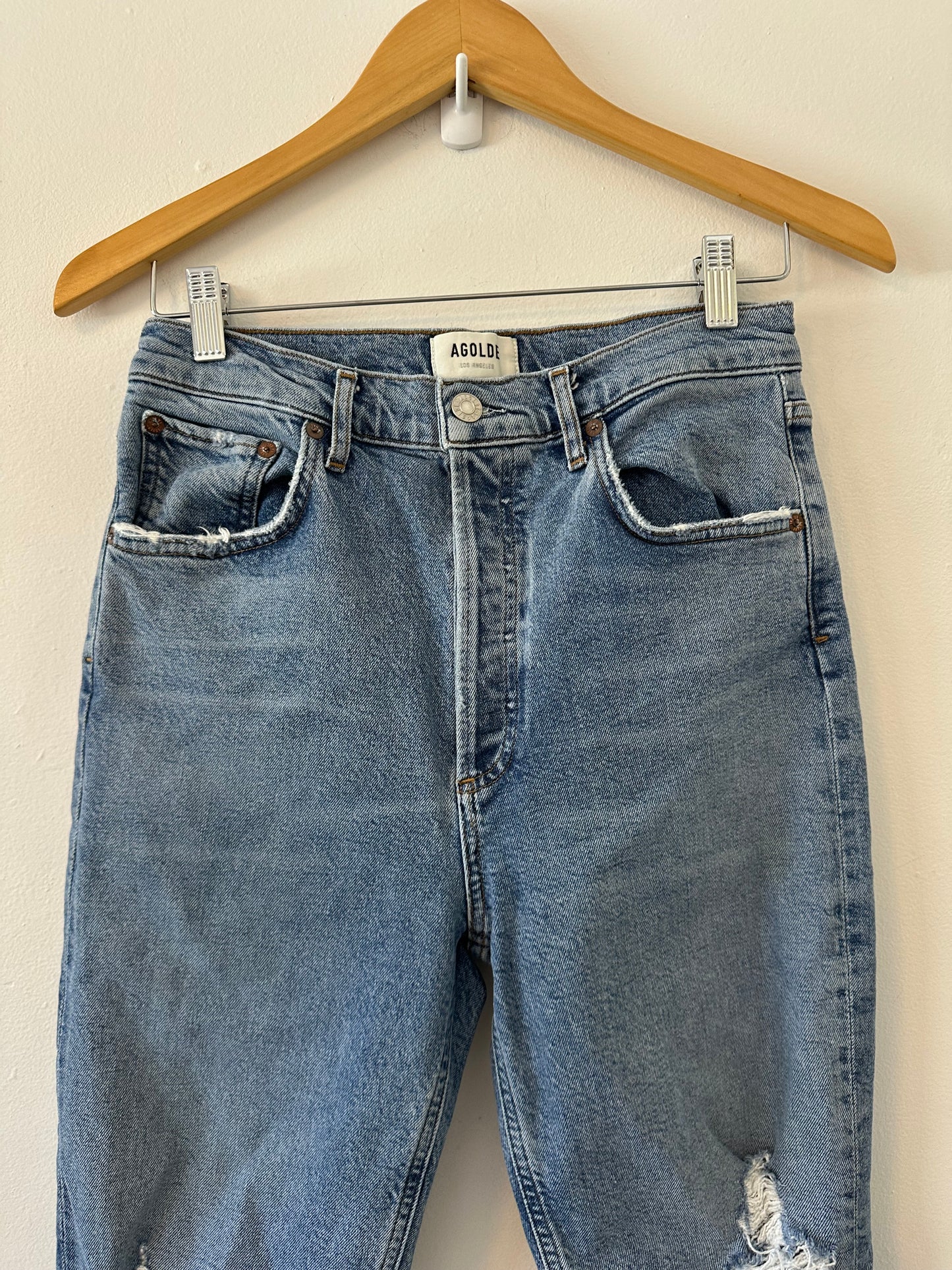 Agolde Riley Distressed Straight Leg Stretch Blue Jeans | Size 28