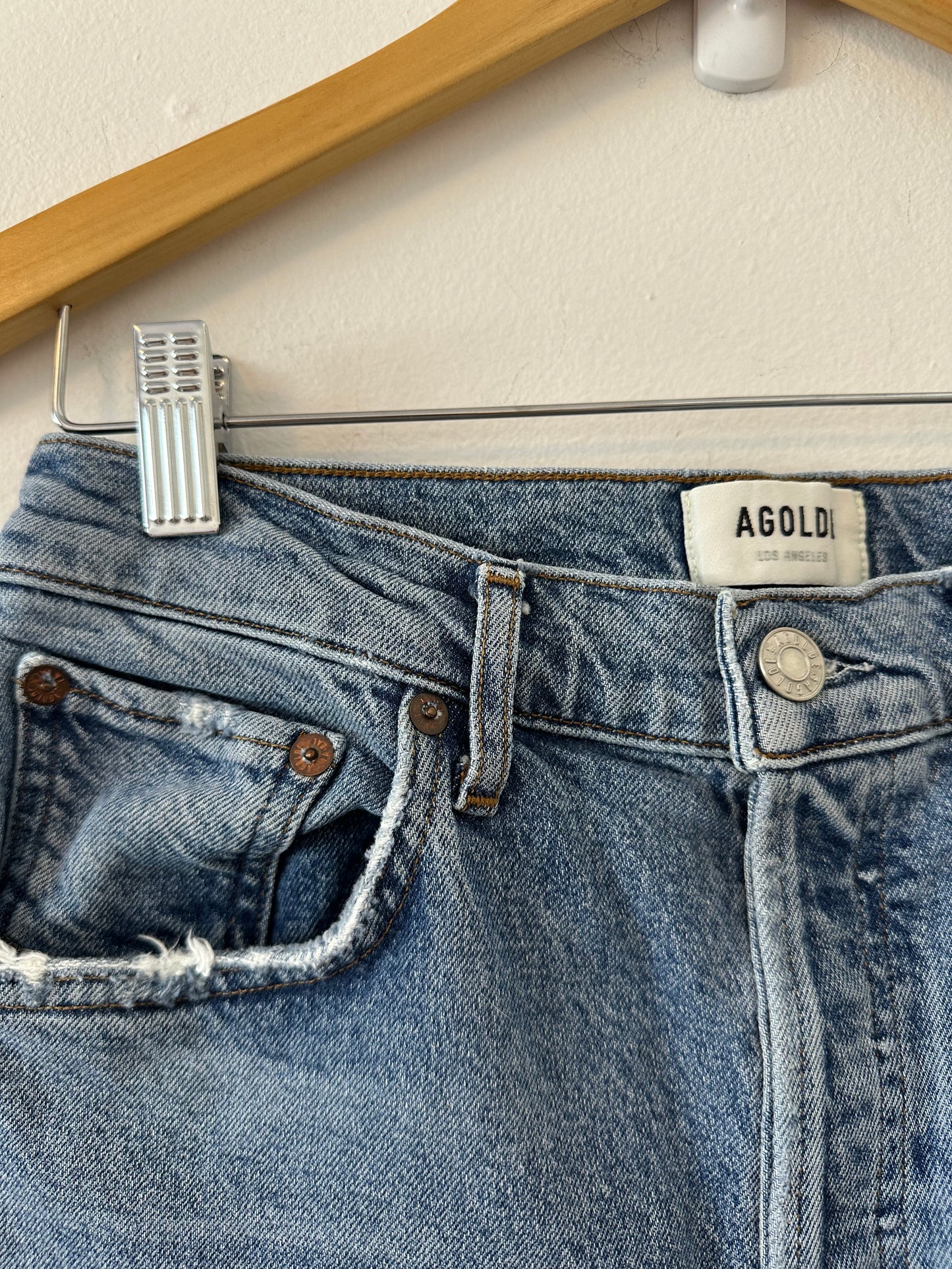 Agolde Riley Distressed Straight Leg Stretch Blue Jeans | Size 28