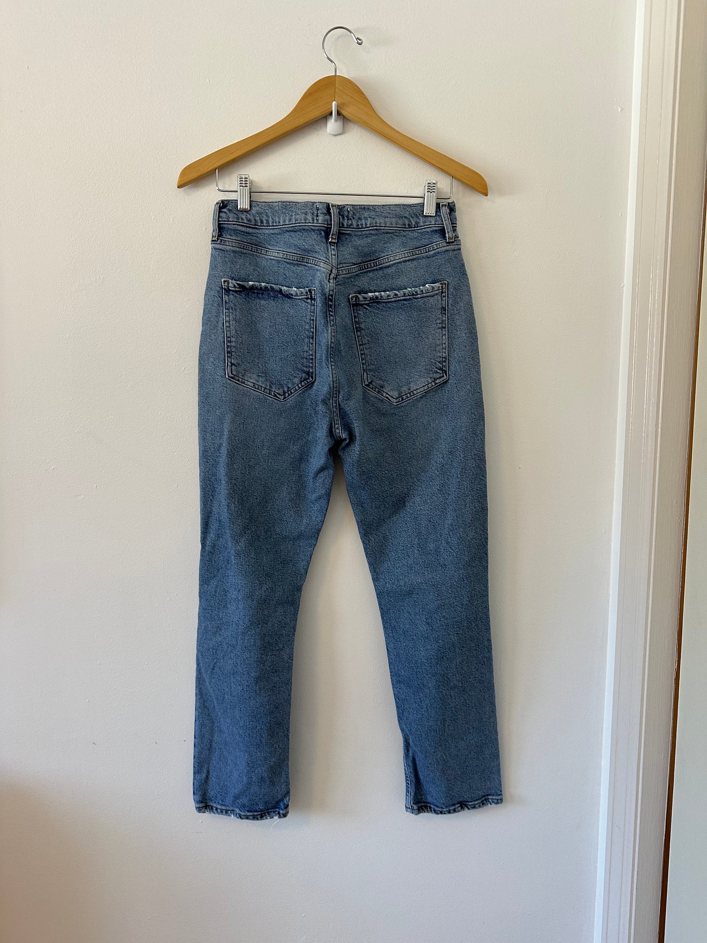 Agolde Riley Distressed Straight Leg Stretch Blue Jeans | Size 28