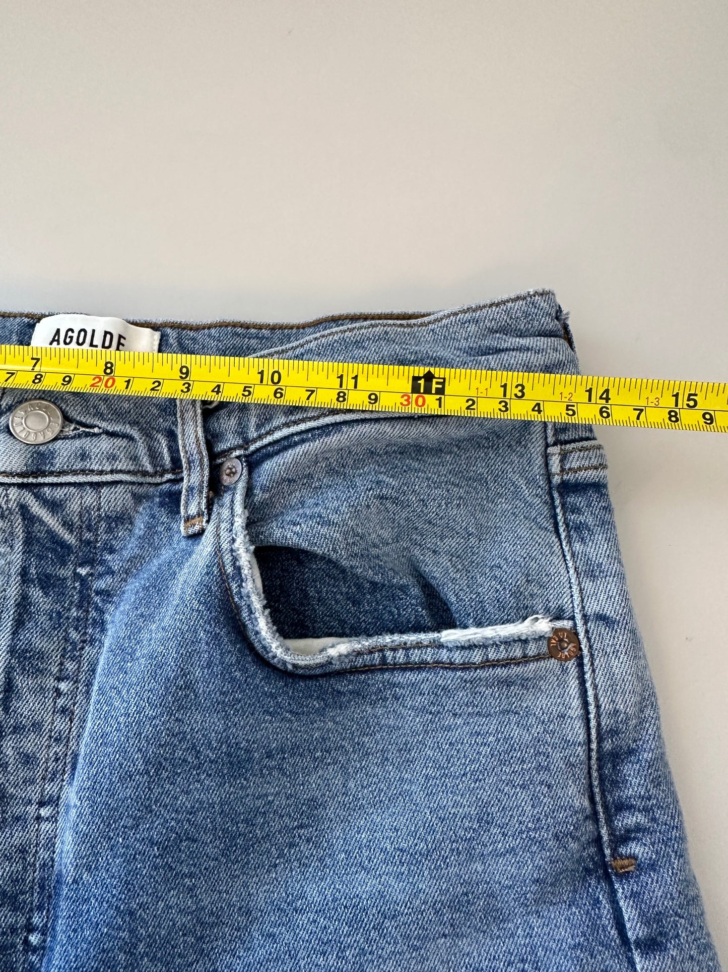 Agolde Riley Distressed Straight Leg Stretch Blue Jeans | Size 28