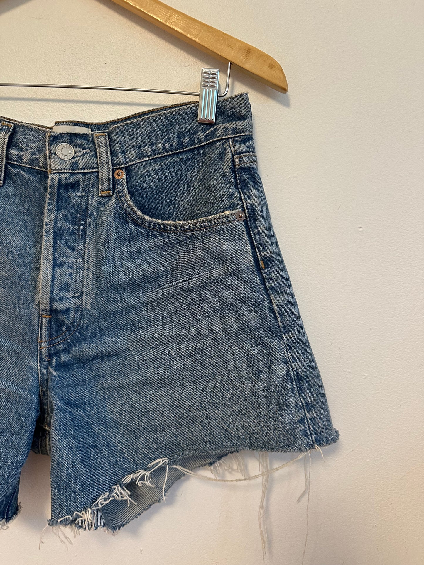 AGOLDE Parker Long High Rise Denim Jean Shorts in Medium Wash Blue | Size 25