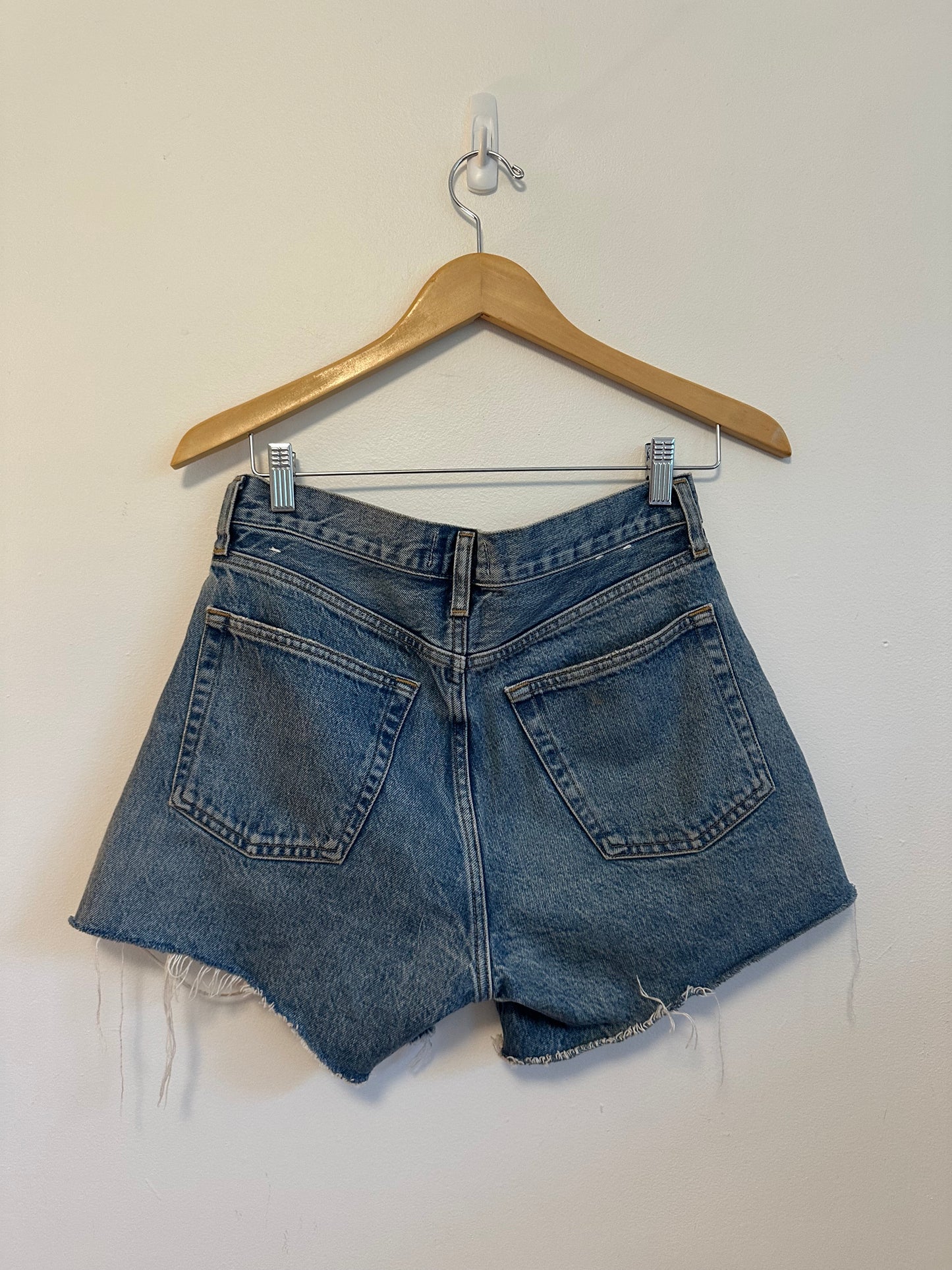 AGOLDE Parker Long High Rise Denim Jean Shorts in Medium Wash Blue | Size 25