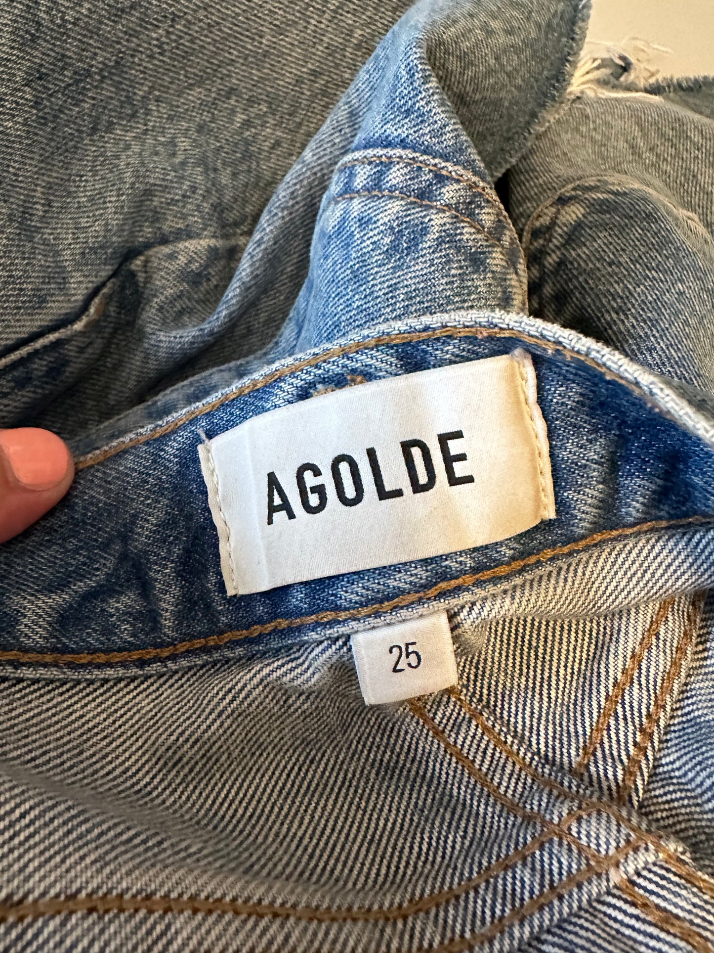 AGOLDE Parker Long High Rise Denim Jean Shorts in Medium Wash Blue | Size 25