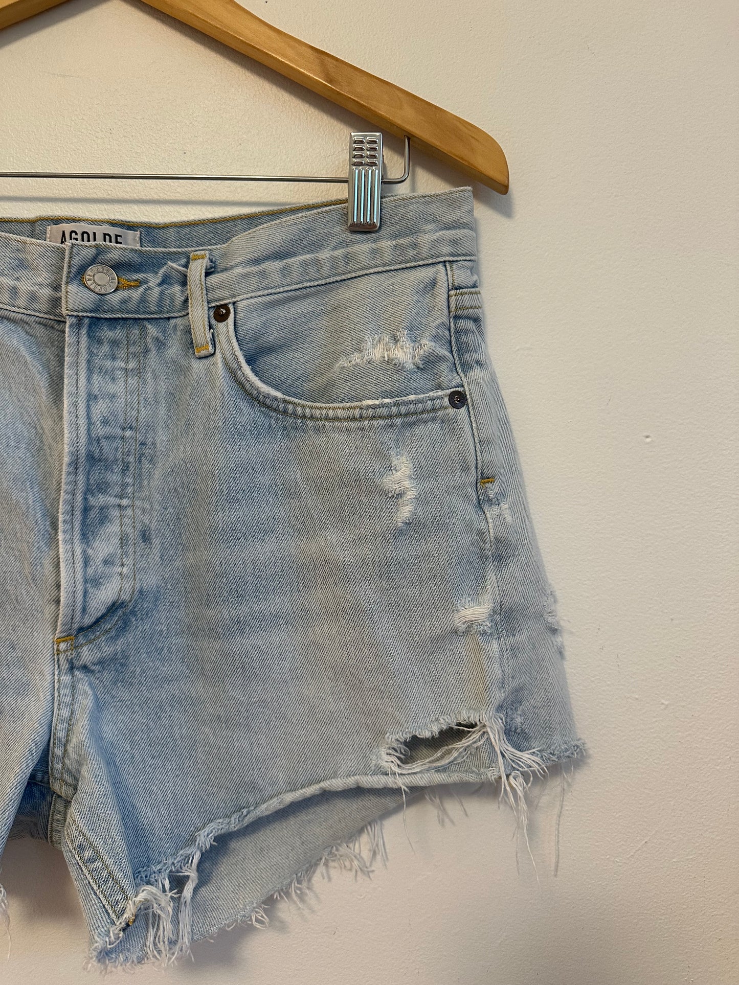 AGOLDE Dee High Rise Distressed Jean Shorts in Light Blue | Size 29