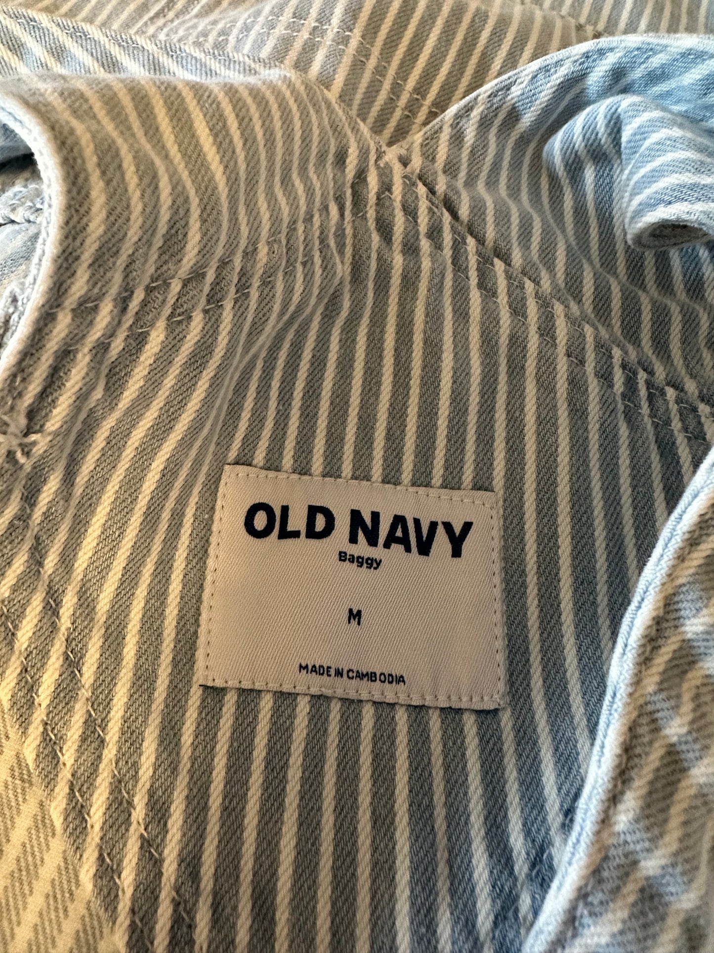 Old Navy Baggy Blue and White Stripe Denim Shortalls | Size Medium