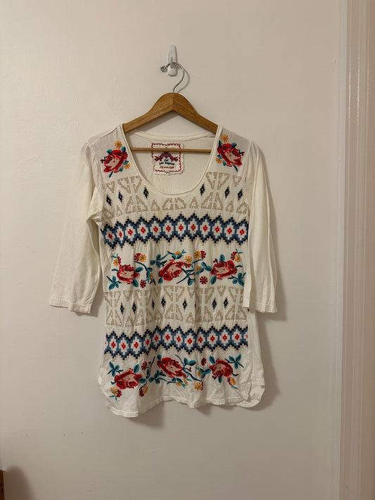 Johnny Was 3/4 Length Sleeve Scoop Neck T-Shirt with Floral Embroidery | Medium