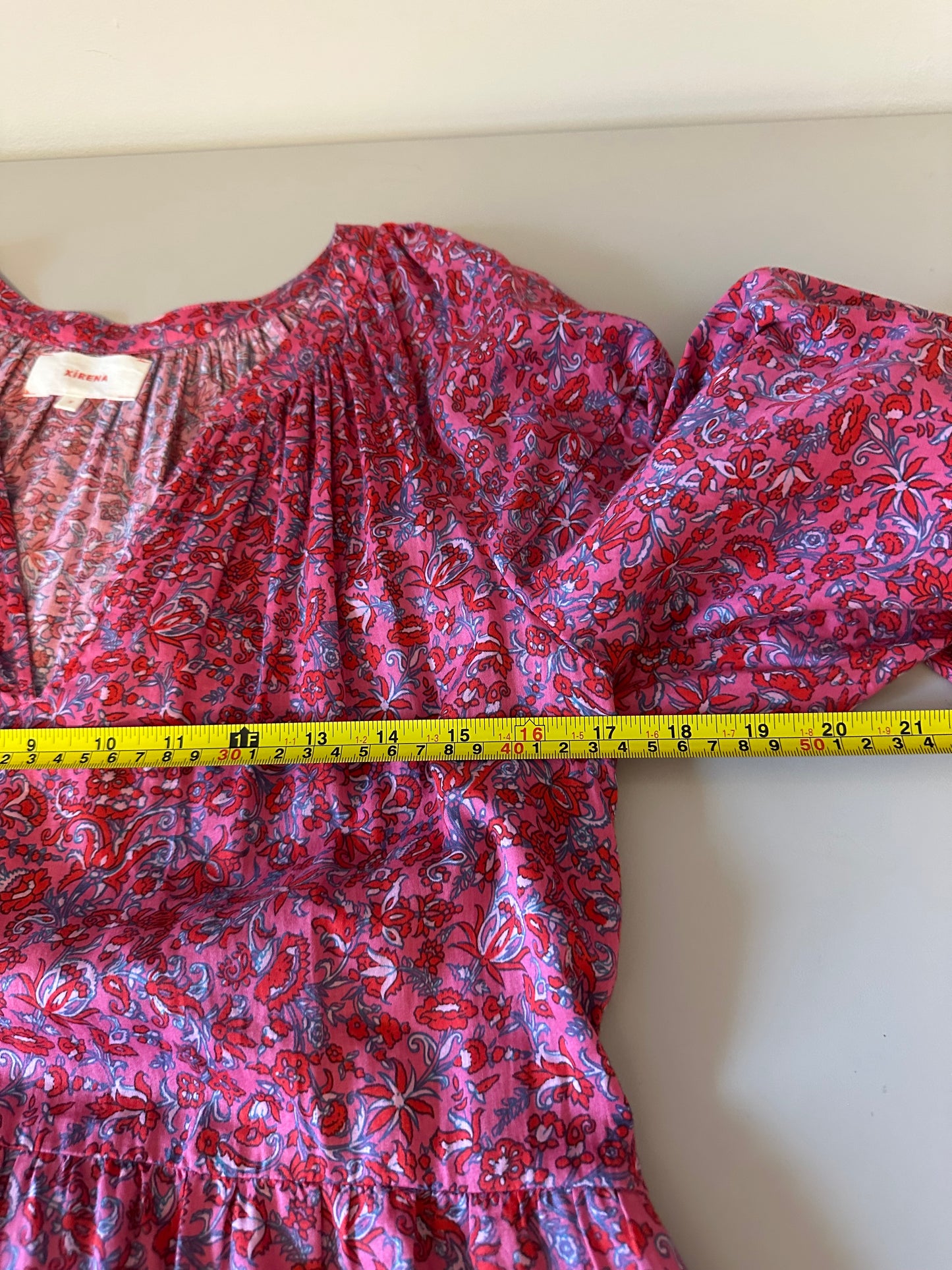 Xirena Pink Floral Paisley Cotton Tiered V-Neck Midi Dress | Size Small