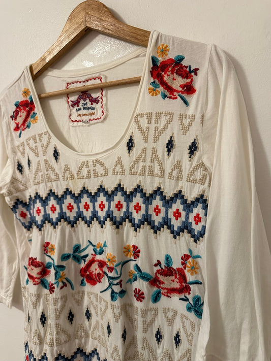 Johnny Was 3/4 Length Sleeve Scoop Neck T-Shirt with Floral Embroidery | Medium