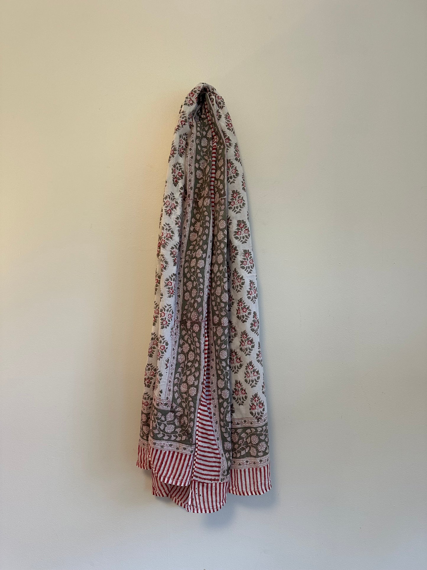 Floral Block Print Cotton Scarf in Olive Green, White, and Red