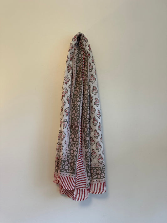 Floral Block Print Cotton Scarf in Olive Green, White, and Red