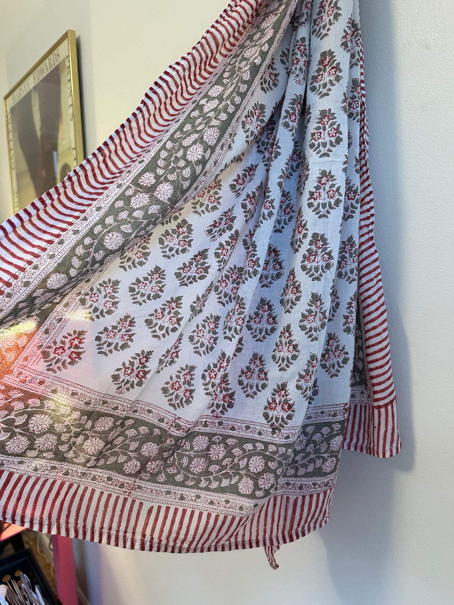 Floral Block Print Cotton Scarf in Olive Green, White, and Red