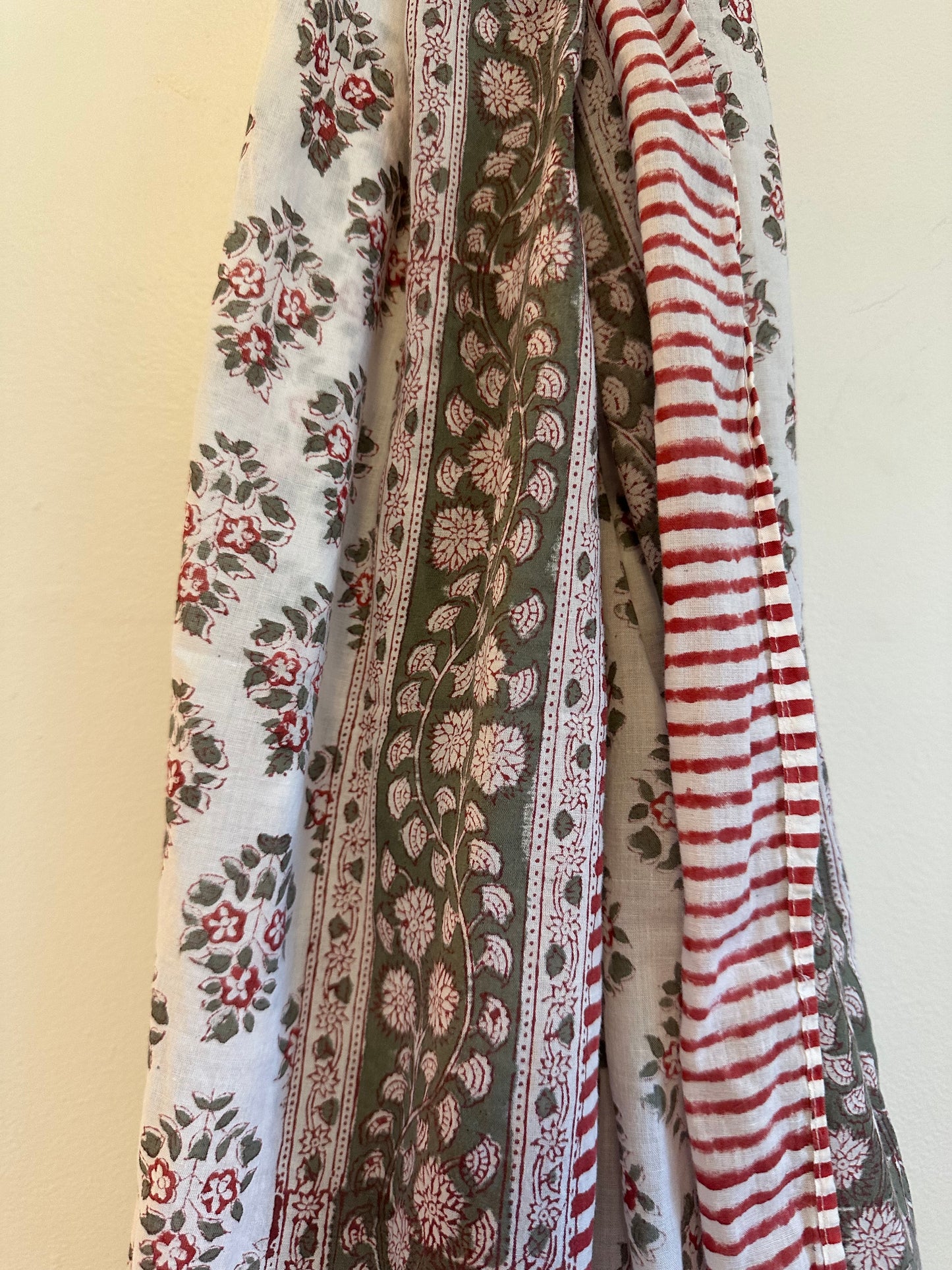Floral Block Print Cotton Scarf in Olive Green, White, and Red