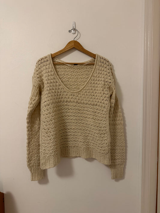 Free People Crashing Waves Cream Crochet Scoop Neck Pullover Sweater