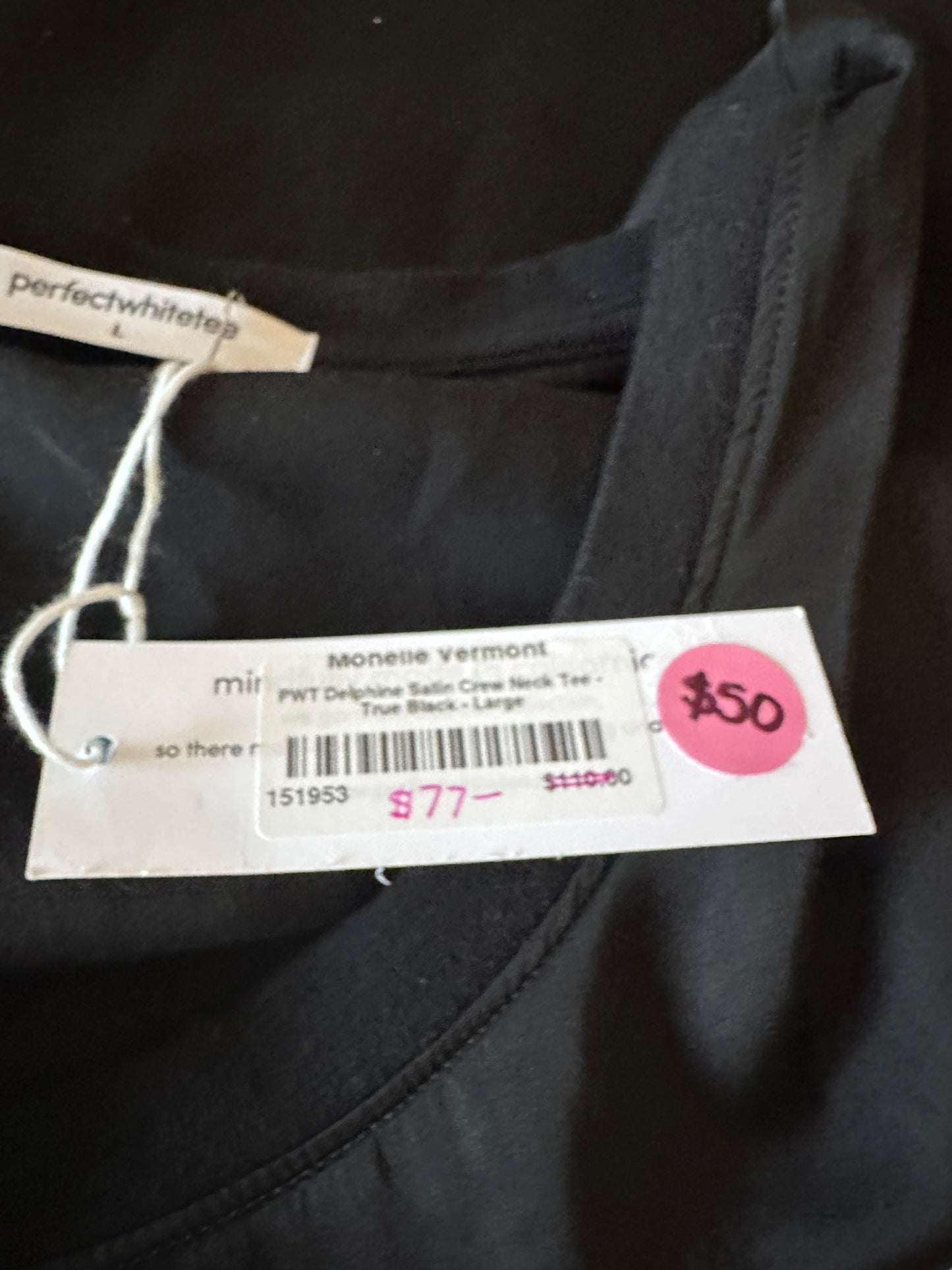 NWT Perfectwhitetee Delphine Luxe Satin Crewneck T-Shirt in Black | Size Large