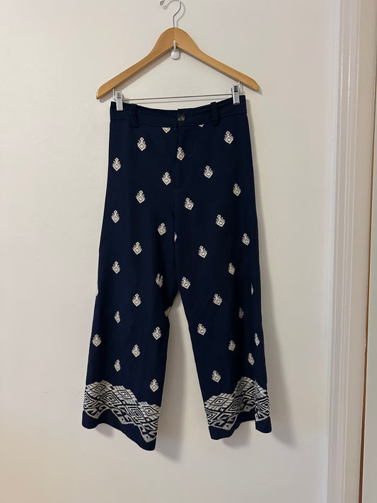 Zara Navy Blue Embroidered Wide Leg Pants | Size Small