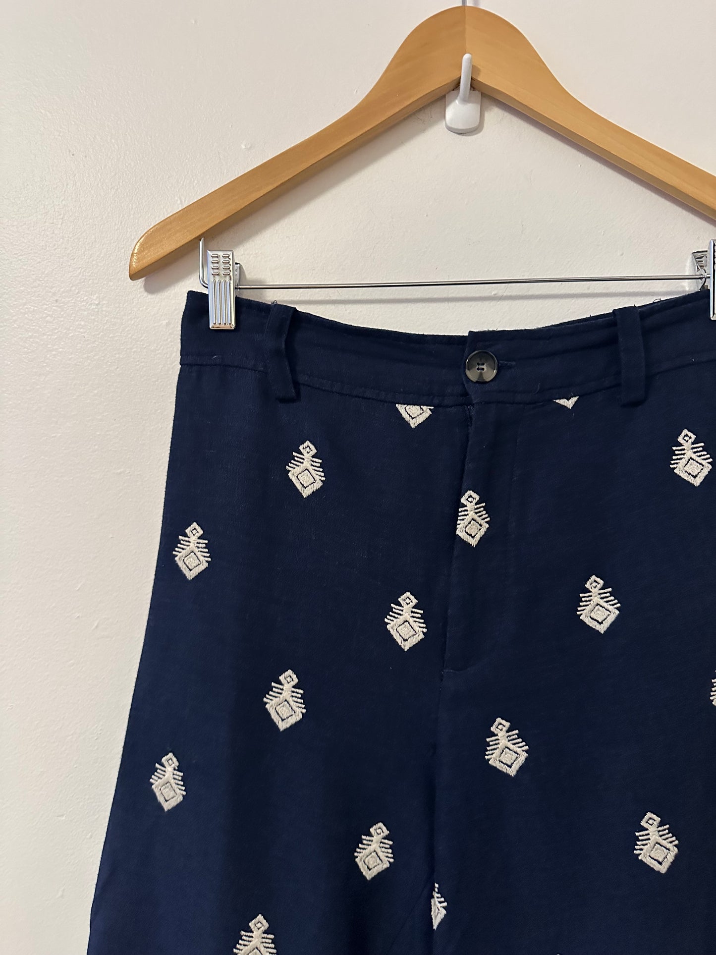 Zara Navy Blue Embroidered Wide Leg Pants | Size Small