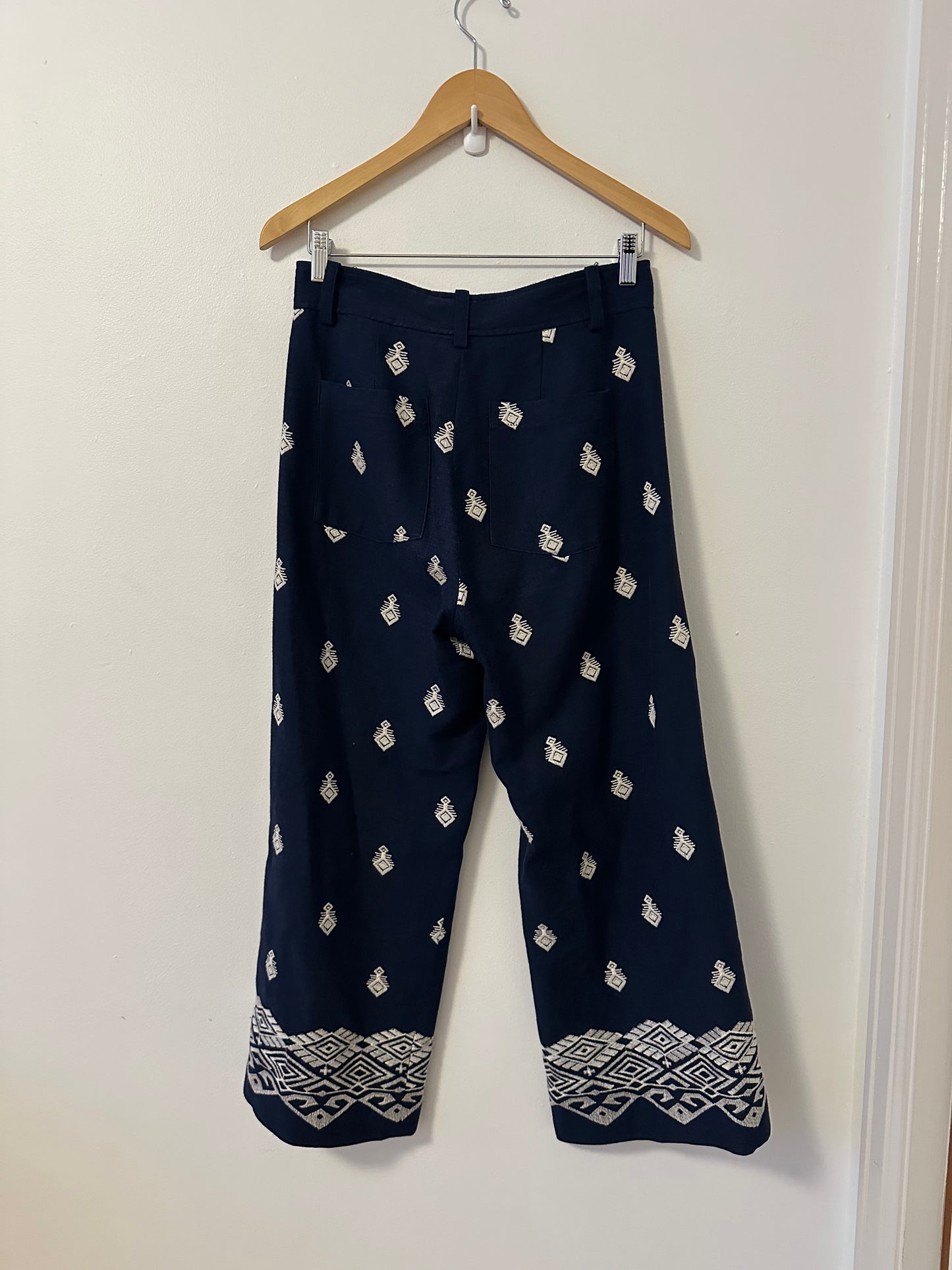 Zara Navy Blue Embroidered Wide Leg Pants | Size Small