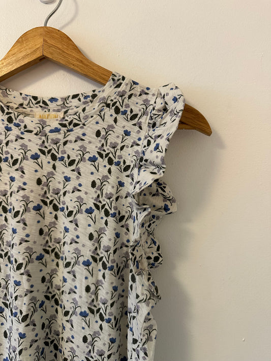 Nation LTD Paulette Floral Cotton Ruffle Tank Top in Blue and White | Medium