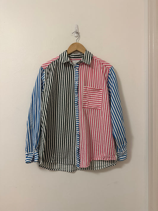 Addison Bay Cotton Poplin Colorblocked Striped Button Down | Size Medium