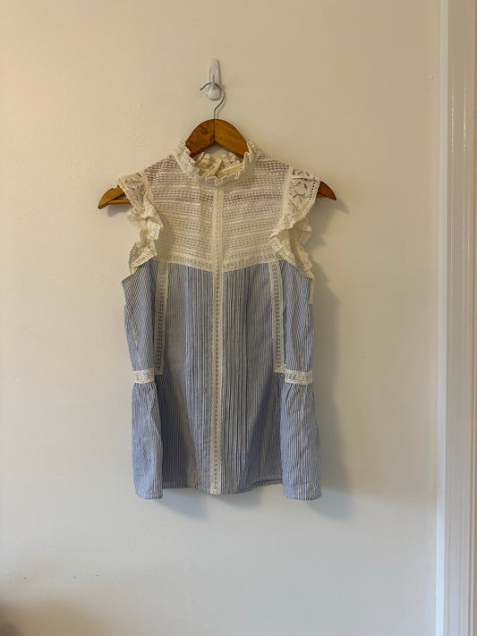 Sezane Diana Blue and White Striped Blouse with Ivory Lace Trim and Back Cutout