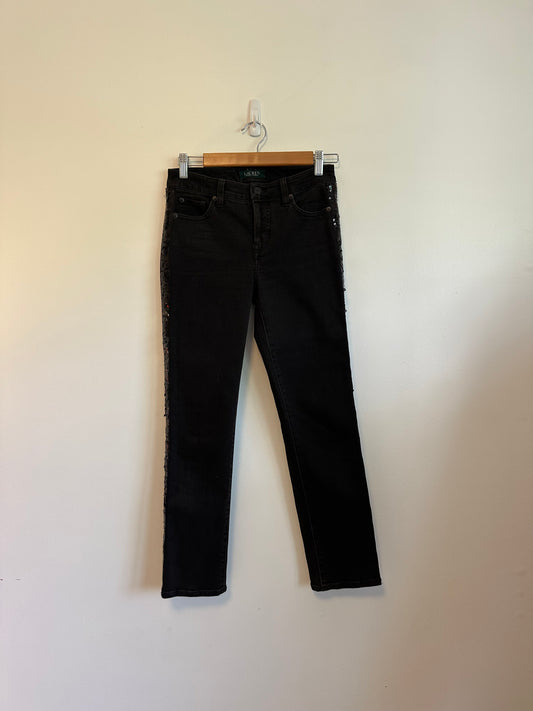 Lauren Ralph Lauren Black Jeans with Sequin Side Panels | Size 0
